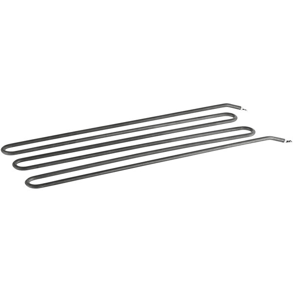A row of black heating elements with metal ends.