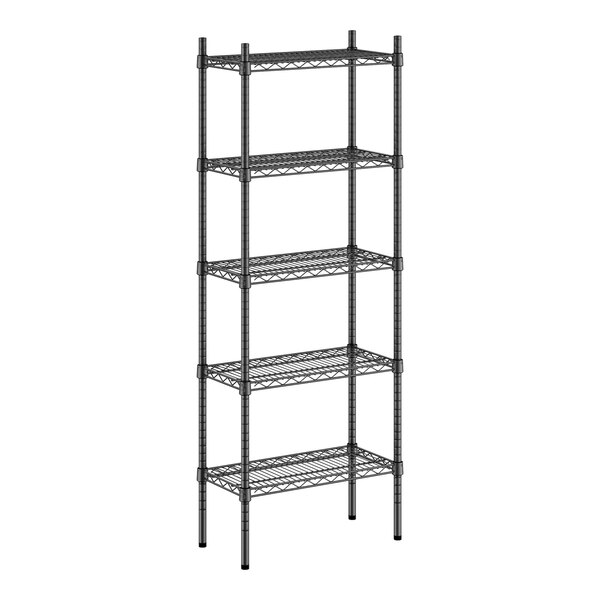 A black wire shelving unit with 5 shelves.