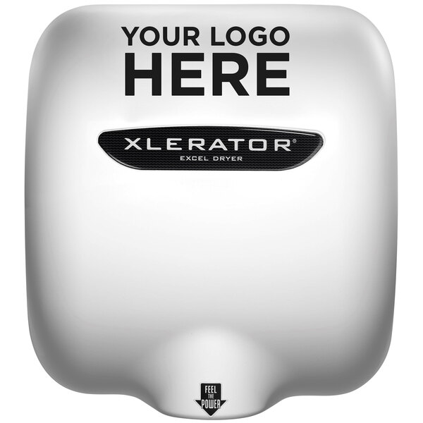 A white Excel XLERATOReco hand dryer cover with black customizable text.