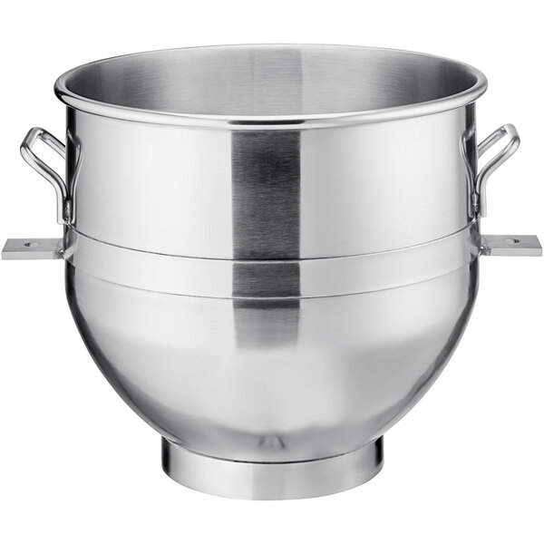 A silver stainless steel Main Street Equipment mixing bowl with two handles.