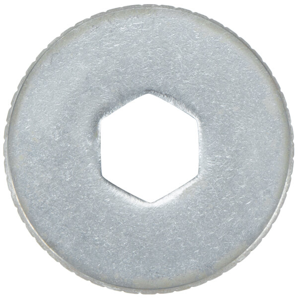 A silver hexagon shaped metal washer with a hole in the center.