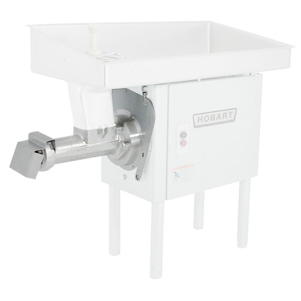 The Hobart #46 meat grinder end attachment with a metal handle on a white machine.