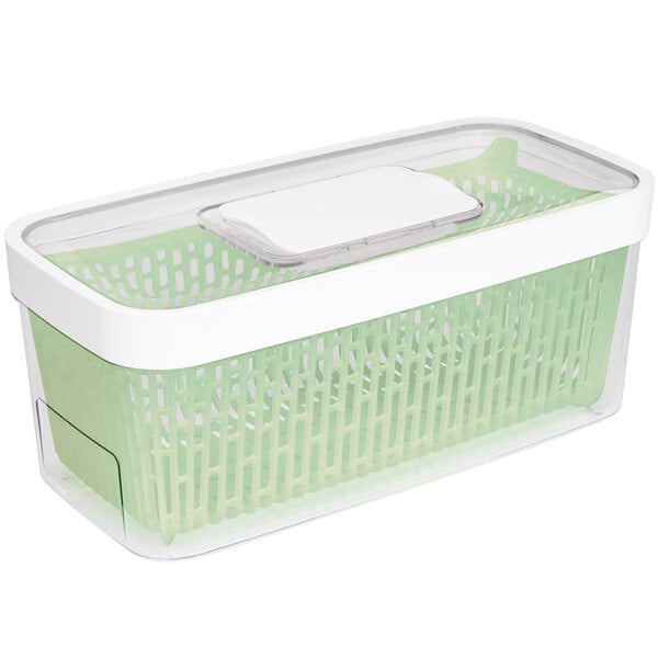 An OXO white rectangular plastic container with a green border and lid.