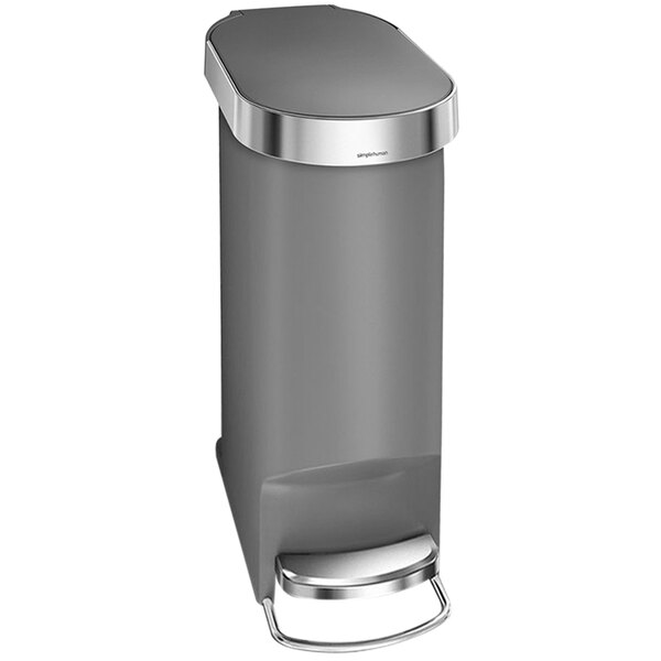 A grey trash can with a silver lid.