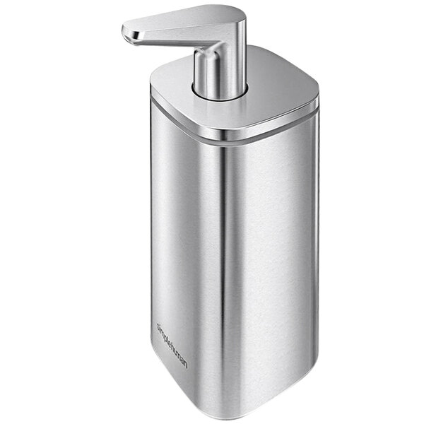 A simplehuman stainless steel soap dispenser with a metal handle.