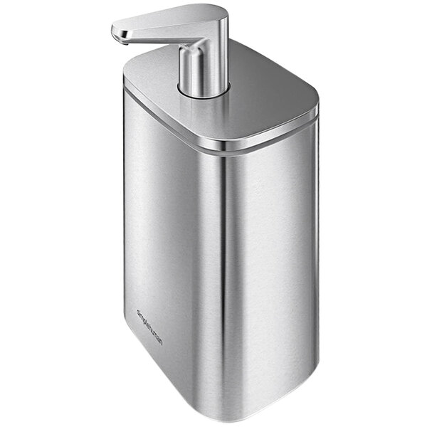 A simplehuman stainless steel soap dispenser with a metal lid.