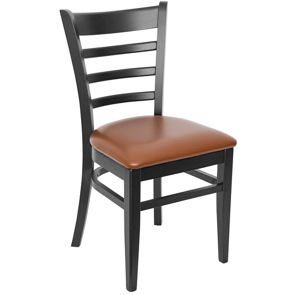 A black BFM Seating restaurant chair with a light brown cushion.