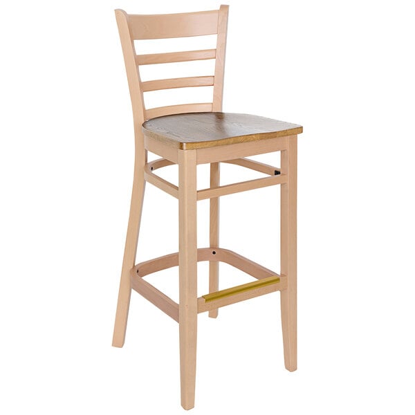 A BFM Seating wooden barstool with a wooden ladder back and seat.
