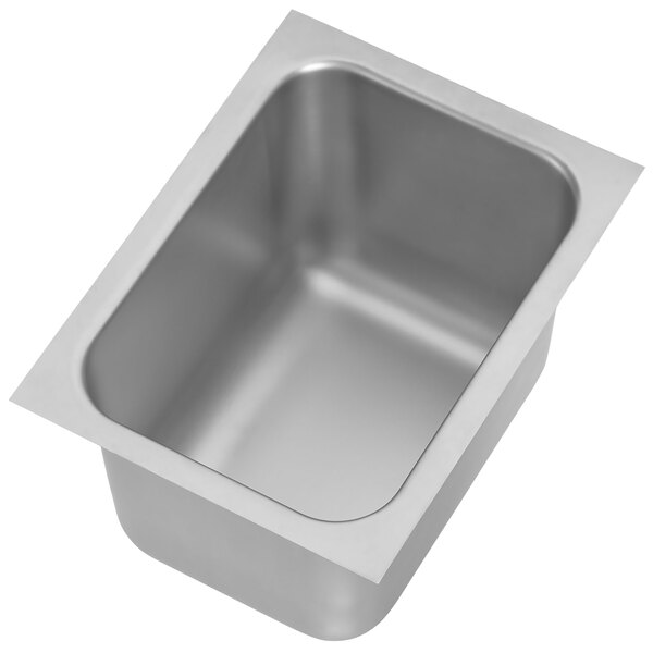 A silver stainless steel Vollrath sink with a square bottom.