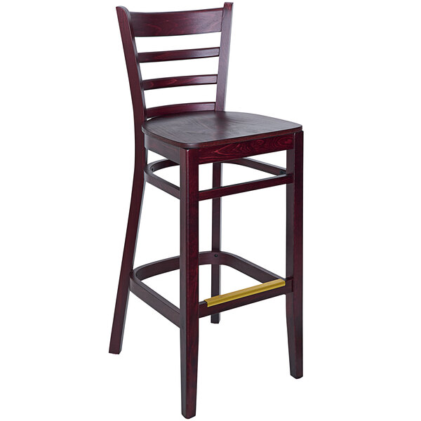 A BFM Seating wooden barstool with a ladder back and wood seat.