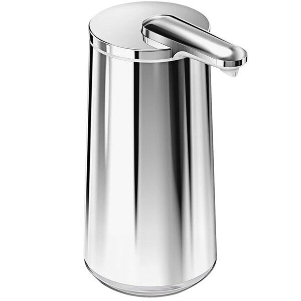 A simplehuman stainless steel foam sensor pump with a silver handle.
