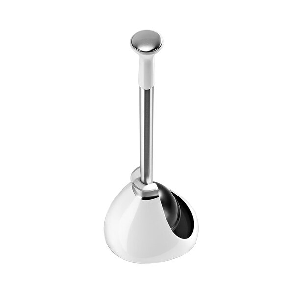 A white simplehuman toilet plunger with a metal handle.