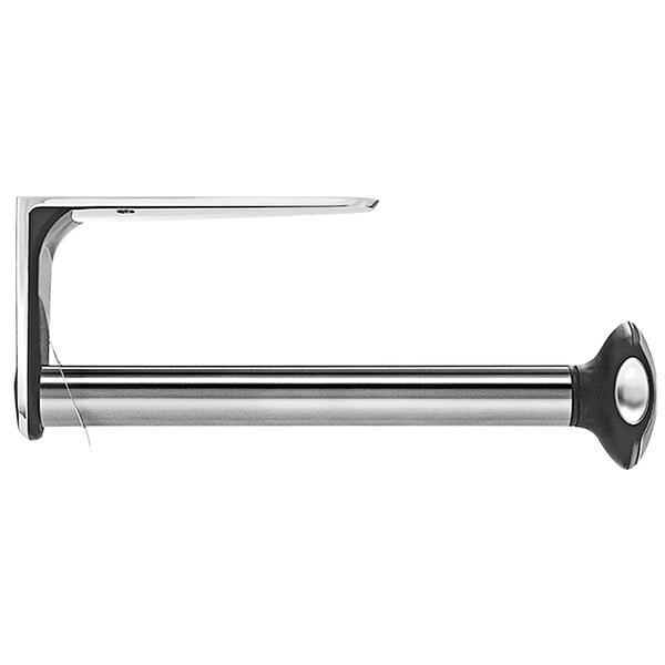 A brushed stainless steel wall-mounted paper towel holder with a black handle.