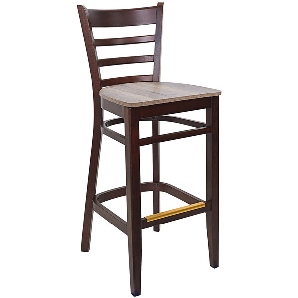 A BFM Seating Berkeley beechwood barstool with a wooden seat.