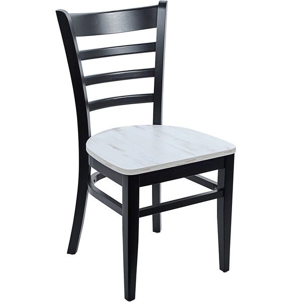 A BFM Seating Berkeley black beechwood ladder back side chair with a white seat and back.