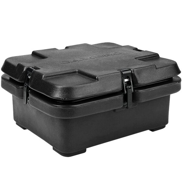 A black plastic box with two compartments and text reading "Cambro Camcarrier"