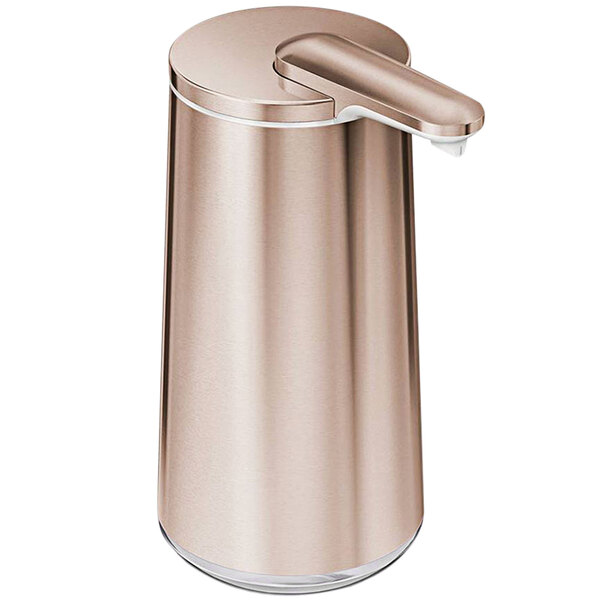 A rose gold simplehuman foam soap dispenser on a white background.