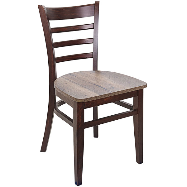 A BFM Seating Berkeley wooden ladder back chair with a wooden seat and curved back.