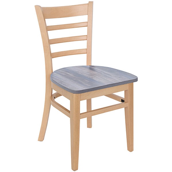 A BFM Seating Berkeley wooden restaurant chair with a grey seat and ladder back.