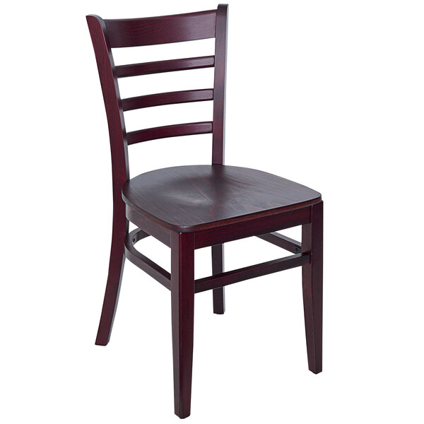 A BFM Seating Berkeley dark mahogany wooden side chair with a ladder back and veneer wood seat.