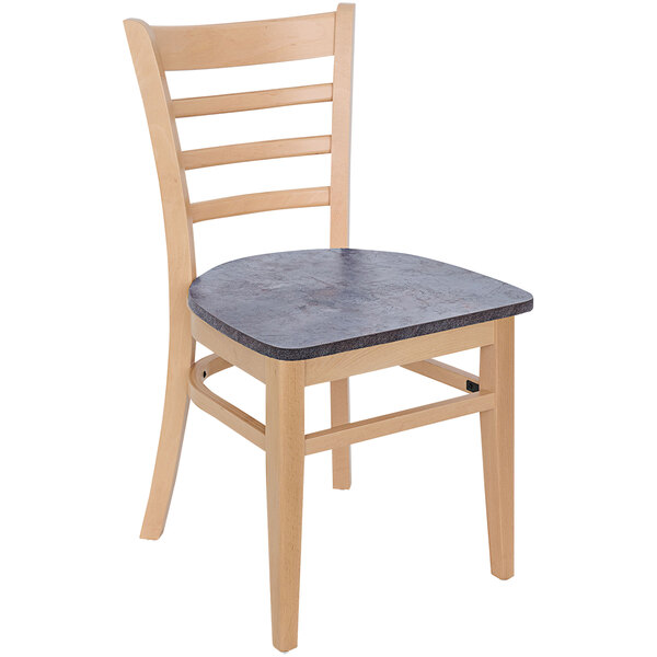 A BFM Seating Berkeley natural beechwood restaurant chair with a black seat and ladder back.