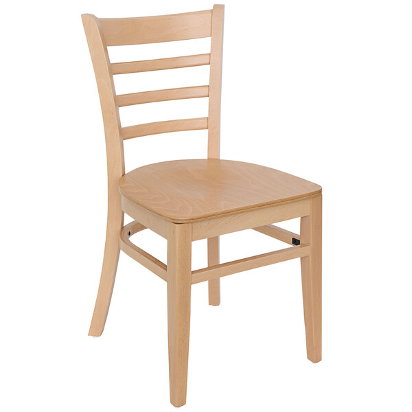 A BFM Seating wooden restaurant chair with a ladder back and wood seat.