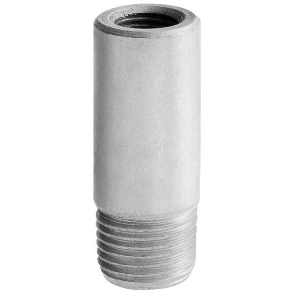 A close-up of a stainless steel cylindrical pipe with threads.