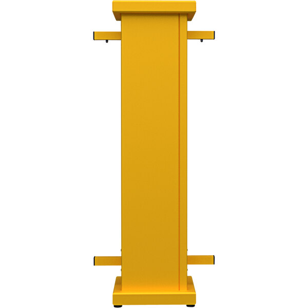 A bright yellow metal stand with a circle top cut-out on a rectangular base.