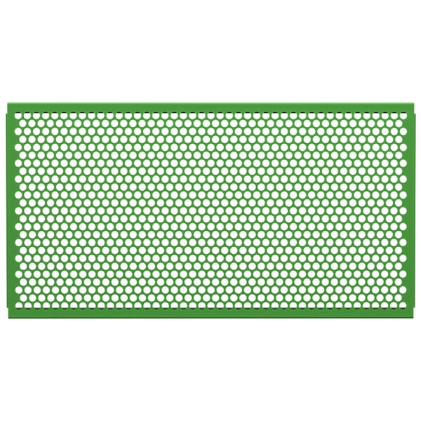 A green metal mesh partition panel with circle patterns.