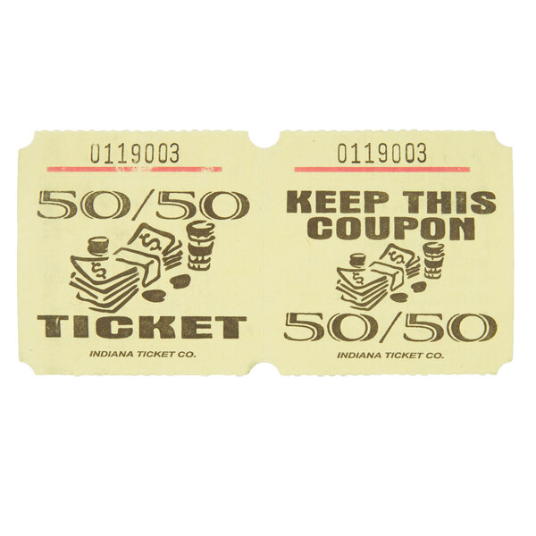 A roll of yellow and white raffle tickets with writing on them.