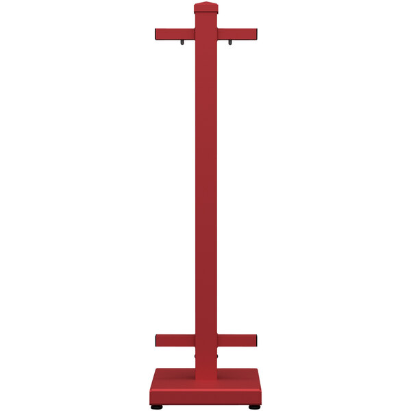 A red rectangular metal stand with a white background.