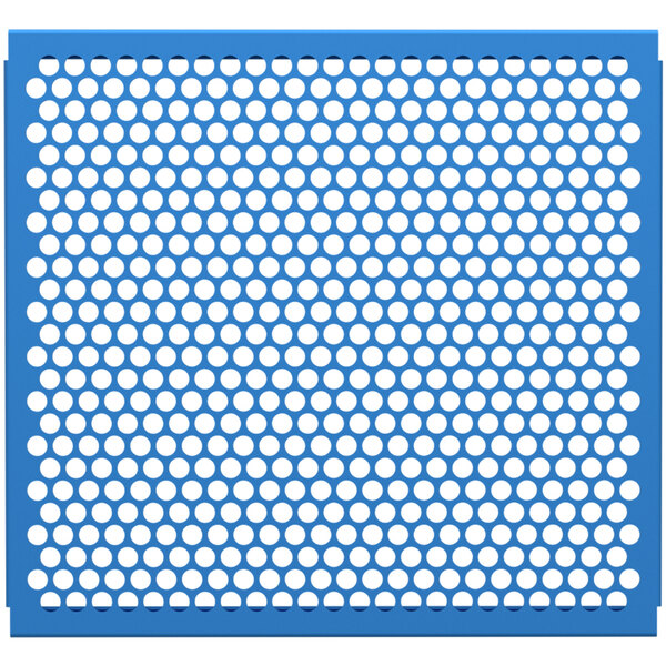 A sky blue perforated metal partition panel with white circle patterns.
