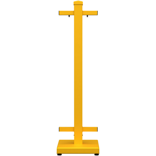 A bright yellow metal rectangular stand with two legs.