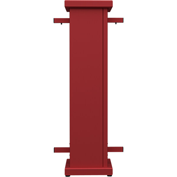 A red metal stand with a square top cut-out on a red rectangular base.