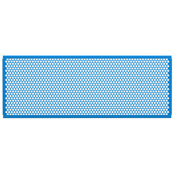A sky blue and white circle patterned metal mesh panel.