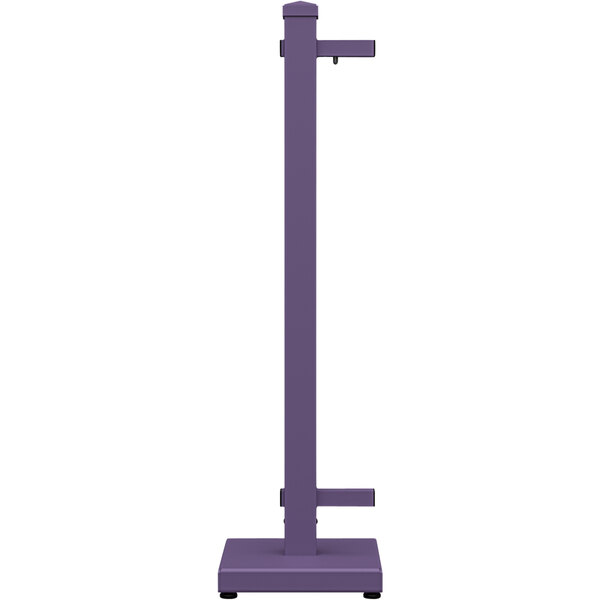 A purple metal stand with a metal base and a handle.