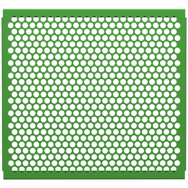 A green mesh partition panel with white circle patterns.