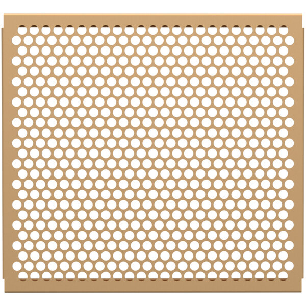 A beige metal grid partition panel with a circle pattern.