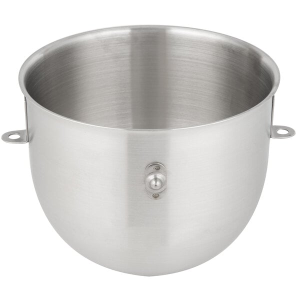 A close-up of a silver Hobart N50 stainless steel mixing bowl with a handle.