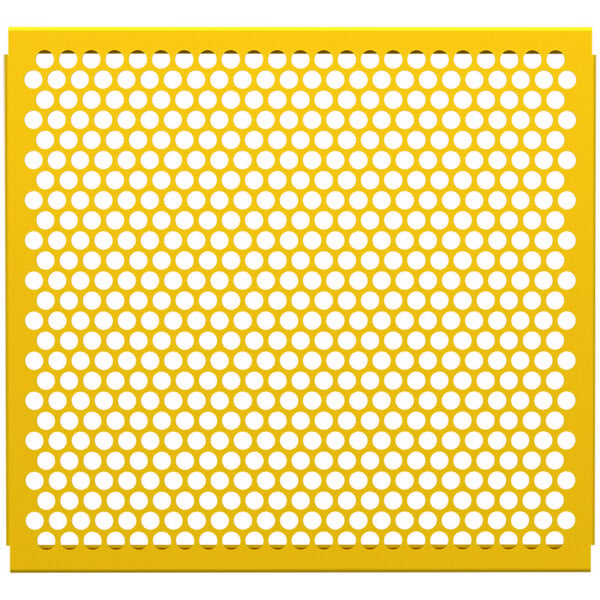 A yellow perforated metal partition panel with white circles.