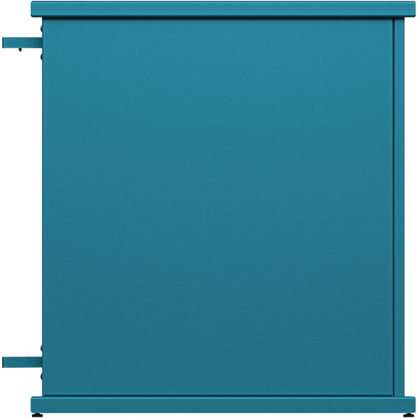 A teal metal rectangular end planter with circle top cut-outs.
