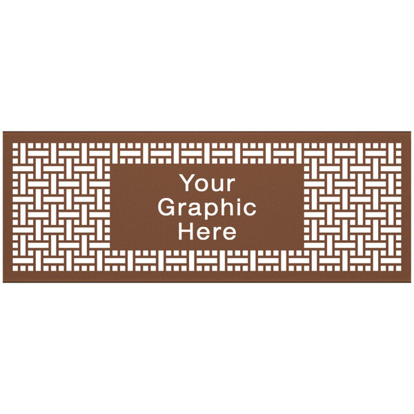 A brown square weave pattern partition panel with a white rectangular sign with the words "your graphic here" in white.