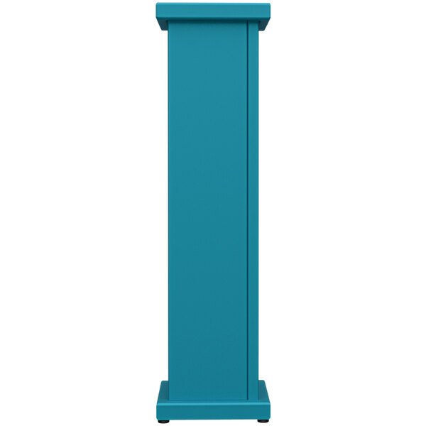 A teal rectangular pedestal with a circle cut out on top.