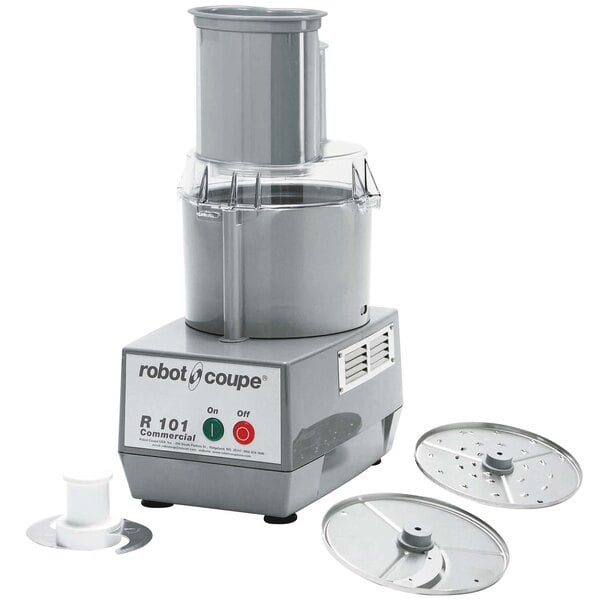 A Robot Coupe commercial food processor with a bowl, lid, and two blades.