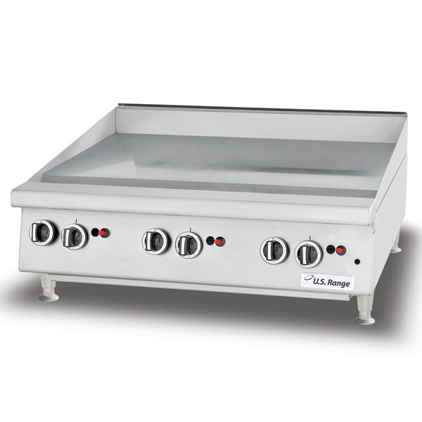 A U.S. Range chrome plated countertop griddle with thermostatic controls.