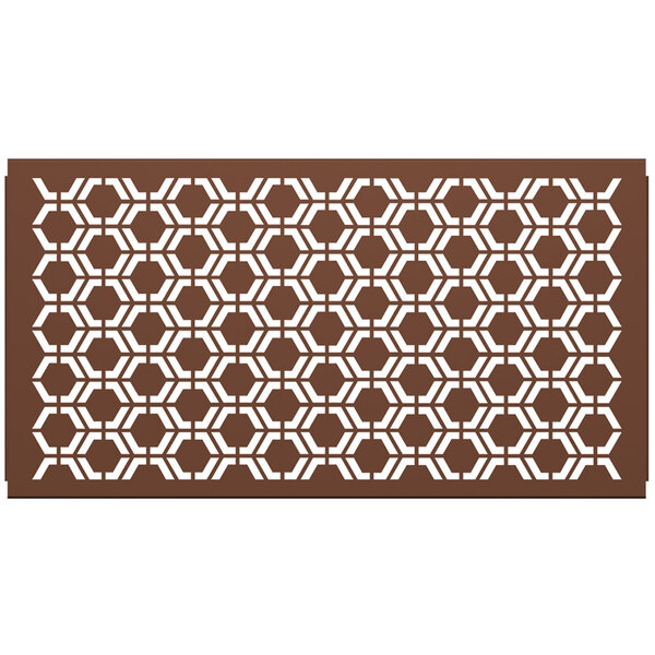 A brown hexagonal partition panel with a white geometric pattern.