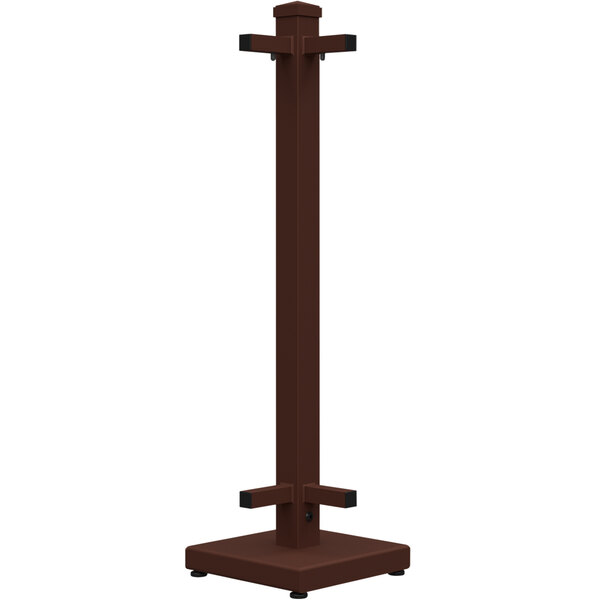 A brown metal rectangular corner stand with black handles.