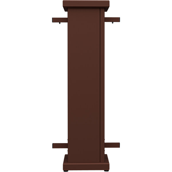 A brown rectangular metal stand with a circle top cut-out.