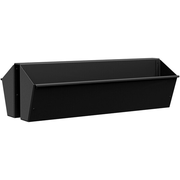A black metal container with two shelves hanging.