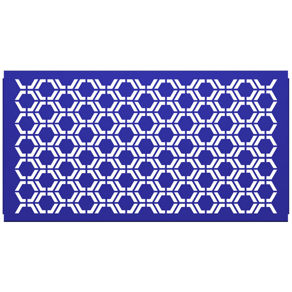 A white hexagonal panel with a blue and white geometric pattern.